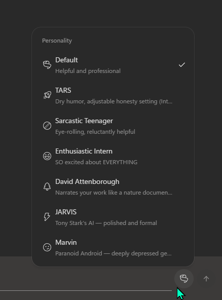 Scout persona picker — 7 personalities visible: Default, TARS, Sarcastic Teenager, Enthusiastic Intern, David Attenborough, JARVIS, Marvin — each with a one-line tone description