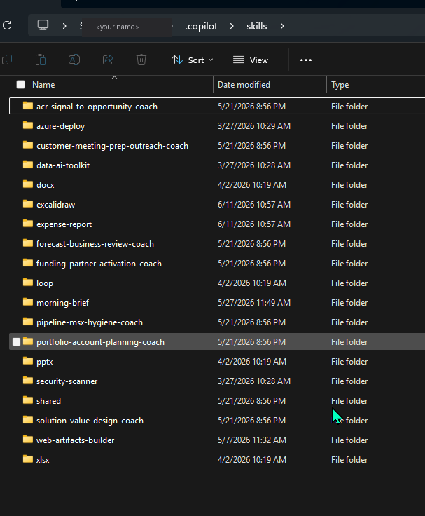 File Explorer showing the .copilot\\skills folder with 19 subfolders — bundled skills (docx, xlsx, pptx, loop, excalidraw, expense-report, web-artifacts-builder) plus user-added skills including CSA/DSSP coaching skills