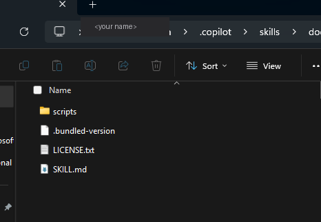 File Explorer inside the docx skill folder showing four items — scripts (folder), .bundled-version (file), LICENSE.txt (file), SKILL.md (file)