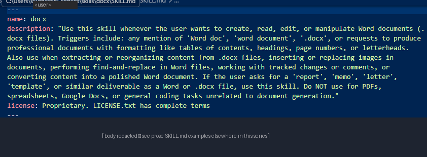 Scout SKILL.md file open in editor — shows frontmatter with name, description, license fields; body content redacted to respect Microsoft’s proprietary skill code