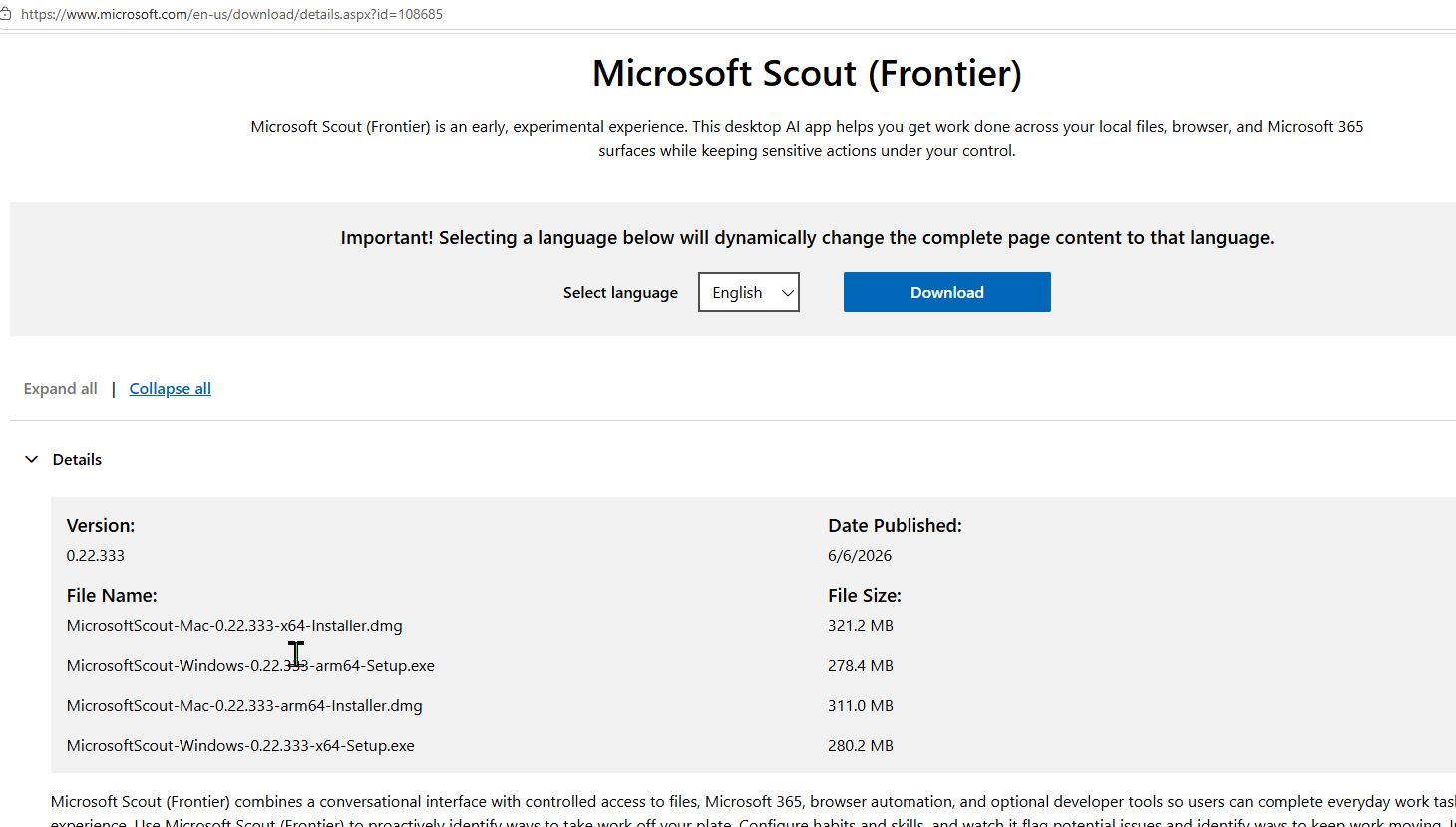 Microsoft Download Center page for Microsoft Scout (Frontier) — version 0.22.333 published 6 June 2026, four installers visible covering Windows x64 (280.2 MB), Windows ARM64 (278.4 MB), macOS Intel (321.2 MB), and macOS Apple Silicon (311.0 MB), with the Download button prominently centred