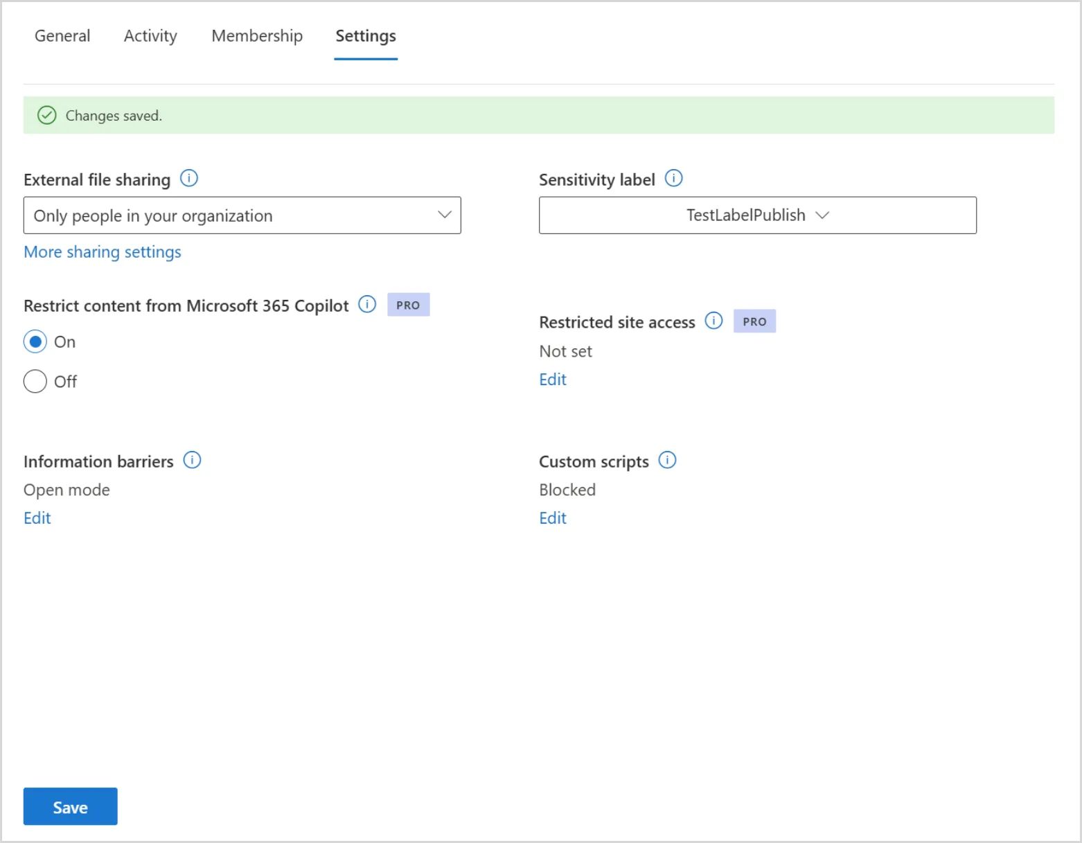 SharePoint site Settings tab showing the Restrict content from Microsoft 365 Copilot toggle set to On.