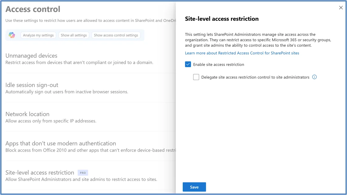 SharePoint admin center Access control page with the Site-level access restriction panel, Enable site access restriction checked.