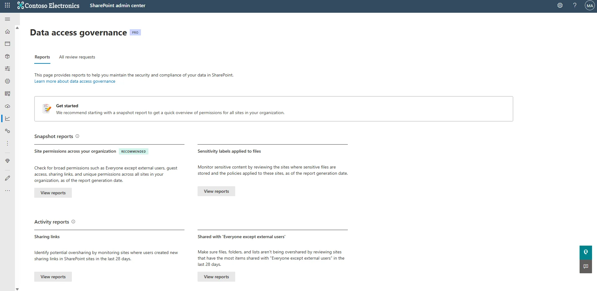 SharePoint admin center Data access governance page showing snapshot and activity reports for finding oversharing before deploying Copilot.