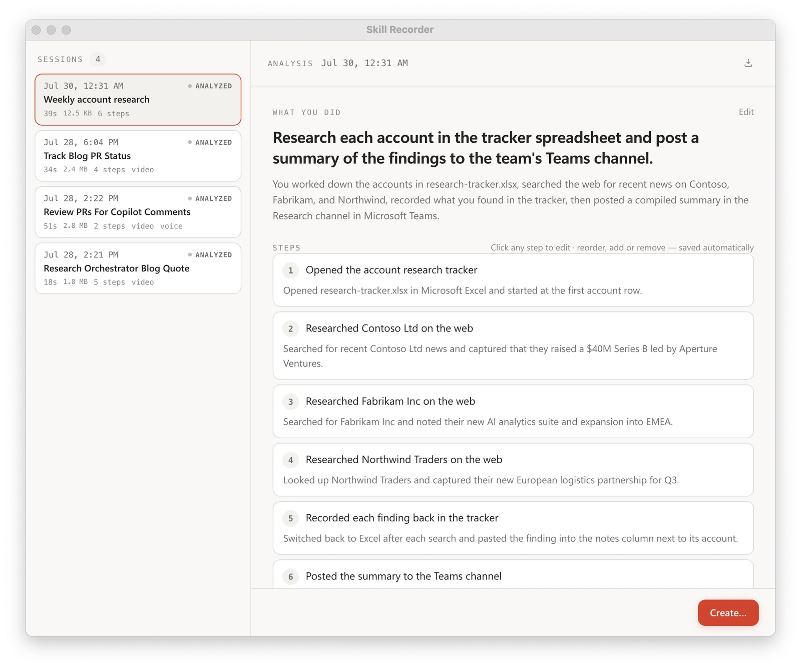 Skill Recorder Sessions view showing a reconstructed weekly account research intent and six editable ordered steps.