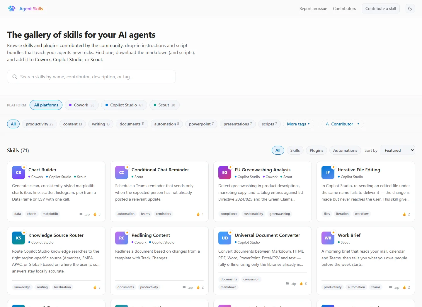 CAT Agent Skills gallery showing 71 entries, platform filters for Cowork, Copilot Studio and Scout, tag filters, and community Skill cards.