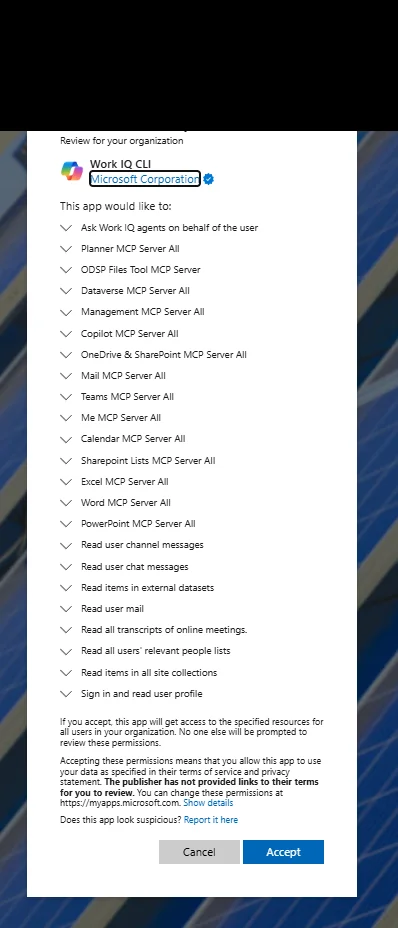 Microsoft admin consent prompt for Work IQ CLI showing Microsoft Corporation as verified publisher and a list of more than twenty requested permissions.