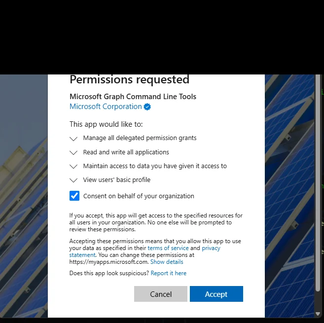 Microsoft Graph Command Line Tools requesting four delegated permissions including manage all delegated permission grants, read and write all applications, maintain access, and view users' basic profile. A 'Consent on behalf of your organization' checkbox is ticked.