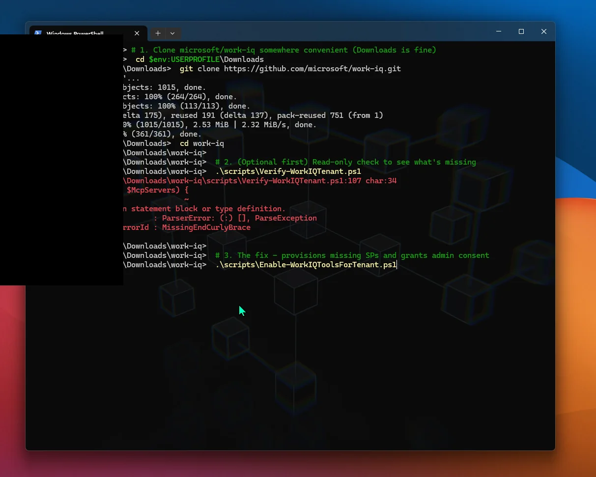 PowerShell terminal showing the Verify-WorkIQTenant.ps1 script throwing a 'Missing closing }' parse error before it can do anything useful.