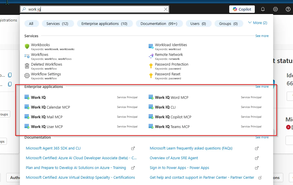 Microsoft Entra admin centre search dropdown showing 'Enterprise applications (10)' with the Work IQ CLI, Work IQ Word MCP, Work IQ Calendar MCP, Work IQ Mail MCP, Work IQ Copilot MCP, Work IQ User MCP, Work IQ Teams MCP service principals listed.