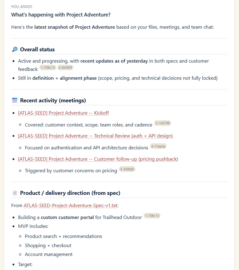 Web-app showing a full Project Adventure answer — properly rendered markdown with headers (Overall status / Recent activity / Product delivery direction), clickable links to source items, and citation chips next to claims.